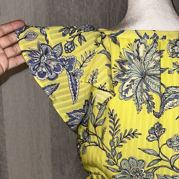 LOFT S Neon Yellow Blue White Floral Flutter Short Sleeve A-Line Belted Dress - Picture 7 of 10